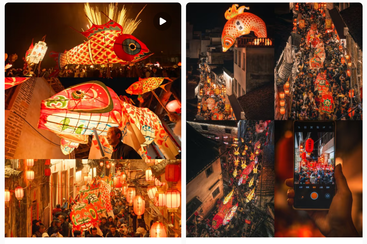 魚(yú)燈相關(guān)視頻、圖片獲得數(shù)萬(wàn)點(diǎn)贊。社交媒體截圖